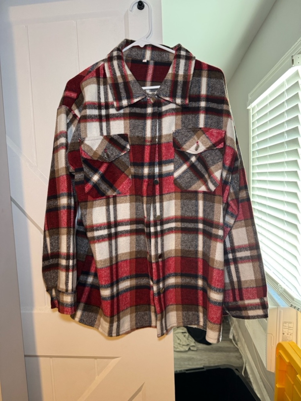 Red Brown Plaid Button-Up Flannel Shacket